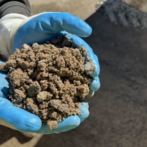 Loose sand and gravel concrete mix held in blue and white gloves