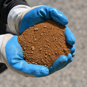 Decomposed Granite Red* held in blue and white gloves