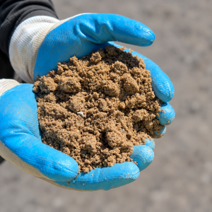 Coarse Washed Sand held in blue and white gloves