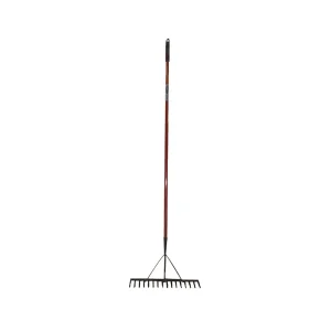 Rally 18-tooth bow rake with red metal handle, ribbed grip and hanging loop