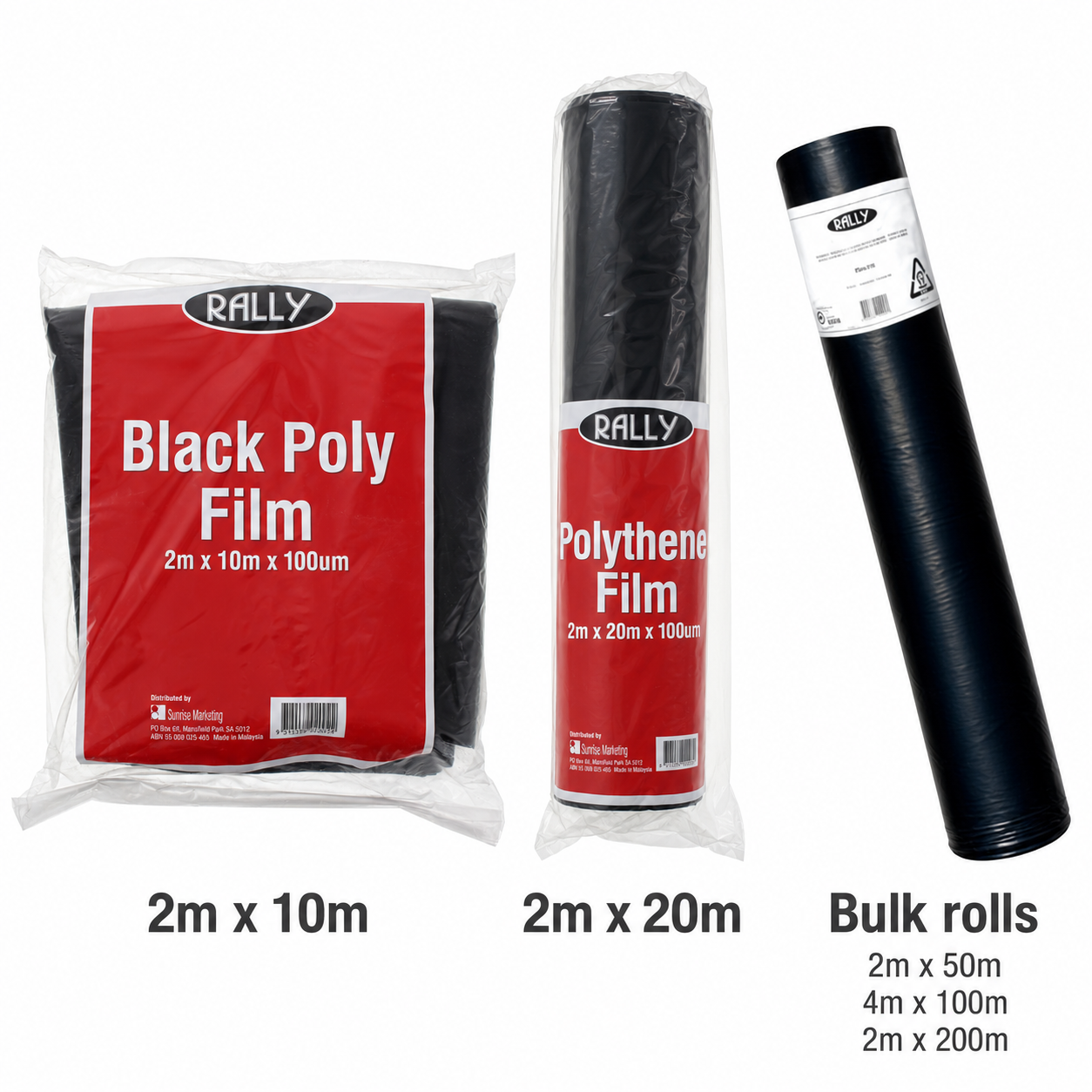 Rally builders plastic 2m by 10m and 2m by 20m packs beside a representative bulk roll Rally builders plastic 2m by 10m and 2m by 20m packs beside a representative bulk roll
