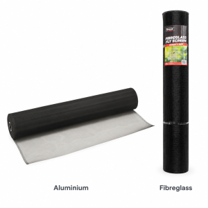 Rally Aluminium flyscreen beside a representative packaged Fibreglass flyscreen roll
