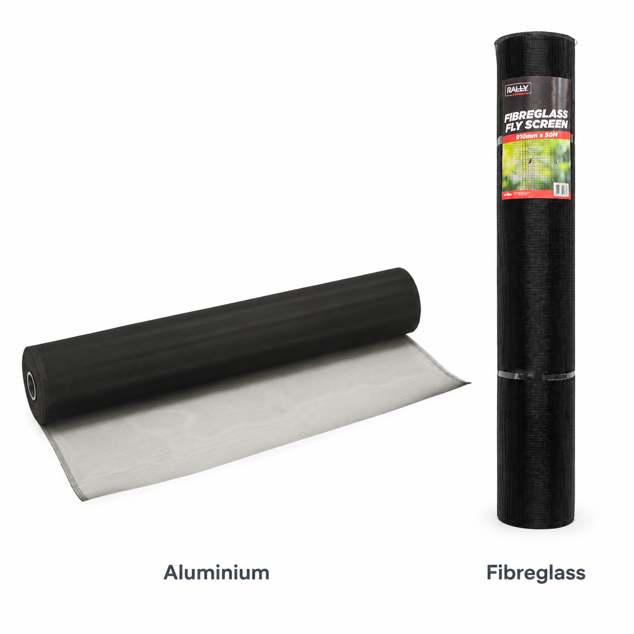 Rally Aluminium flyscreen beside a representative packaged Fibreglass flyscreen roll Rally Aluminium flyscreen beside a representative packaged Fibreglass flyscreen roll