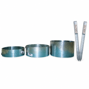 Three galvanised garden edging rolls with matching galvanised steel pegs