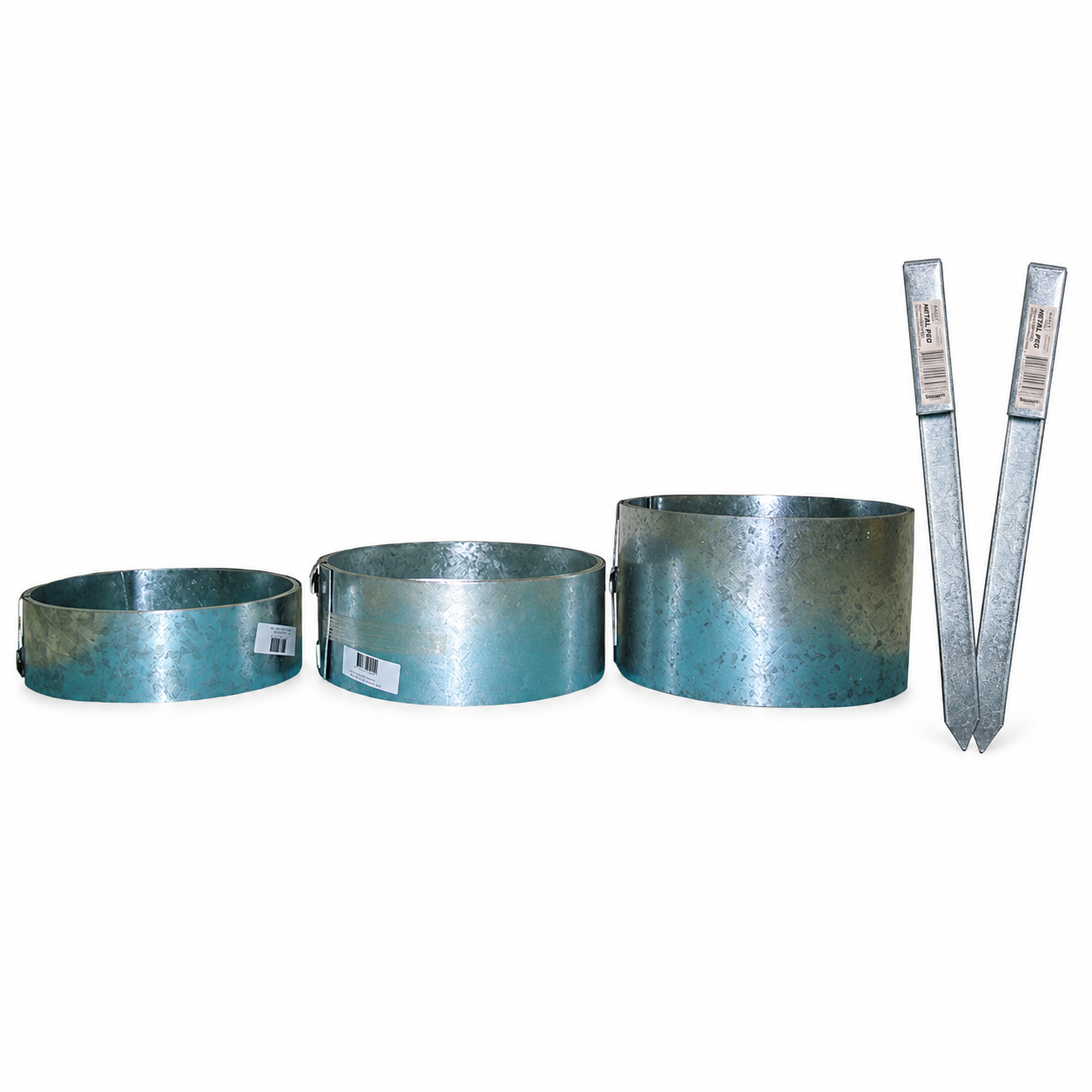 Rally Galvanised Garden Edging & Pegs — range photo Three galvanised garden edging rolls with matching galvanised steel pegs