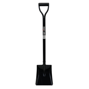 Black 1200mm all-metal shovel with D-handle, shown from handle to blade
