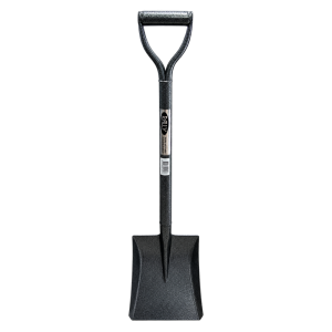 Dark charcoal-grey all-metal shovel with textured finish and metal D-handle, shown from handle to blade